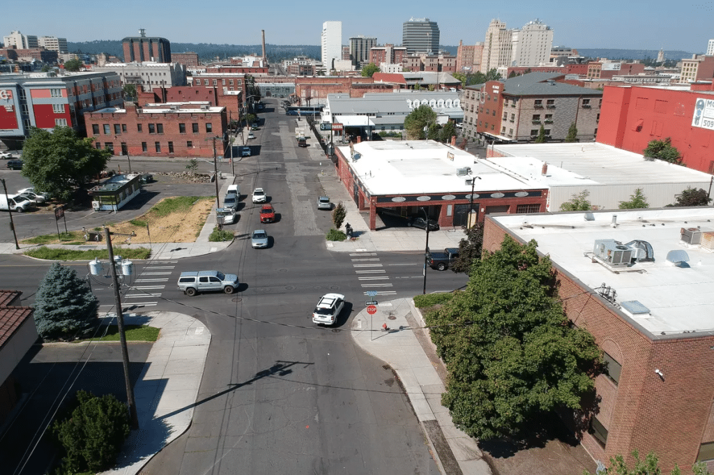 Aerial shot of the corner of Pacific Avenue and Division Street.